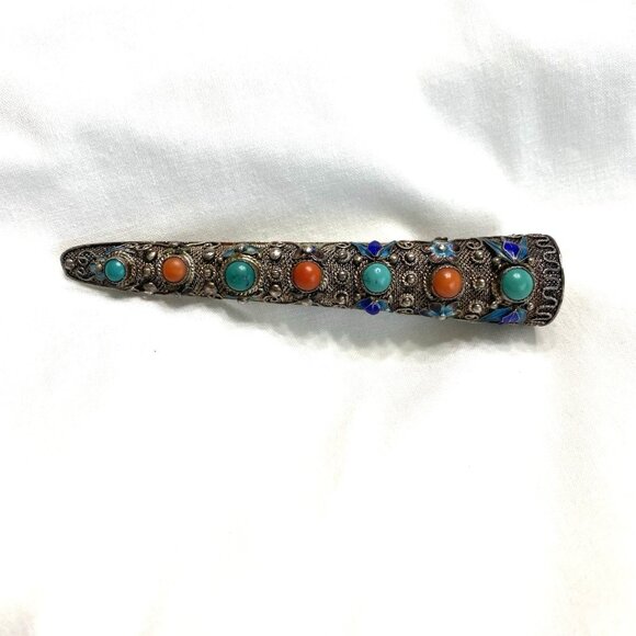Unbranded Jewelry - Antique Chinese Brooch Finger Nail Guard Pin Turquoise Coral Silver Mesh Asian